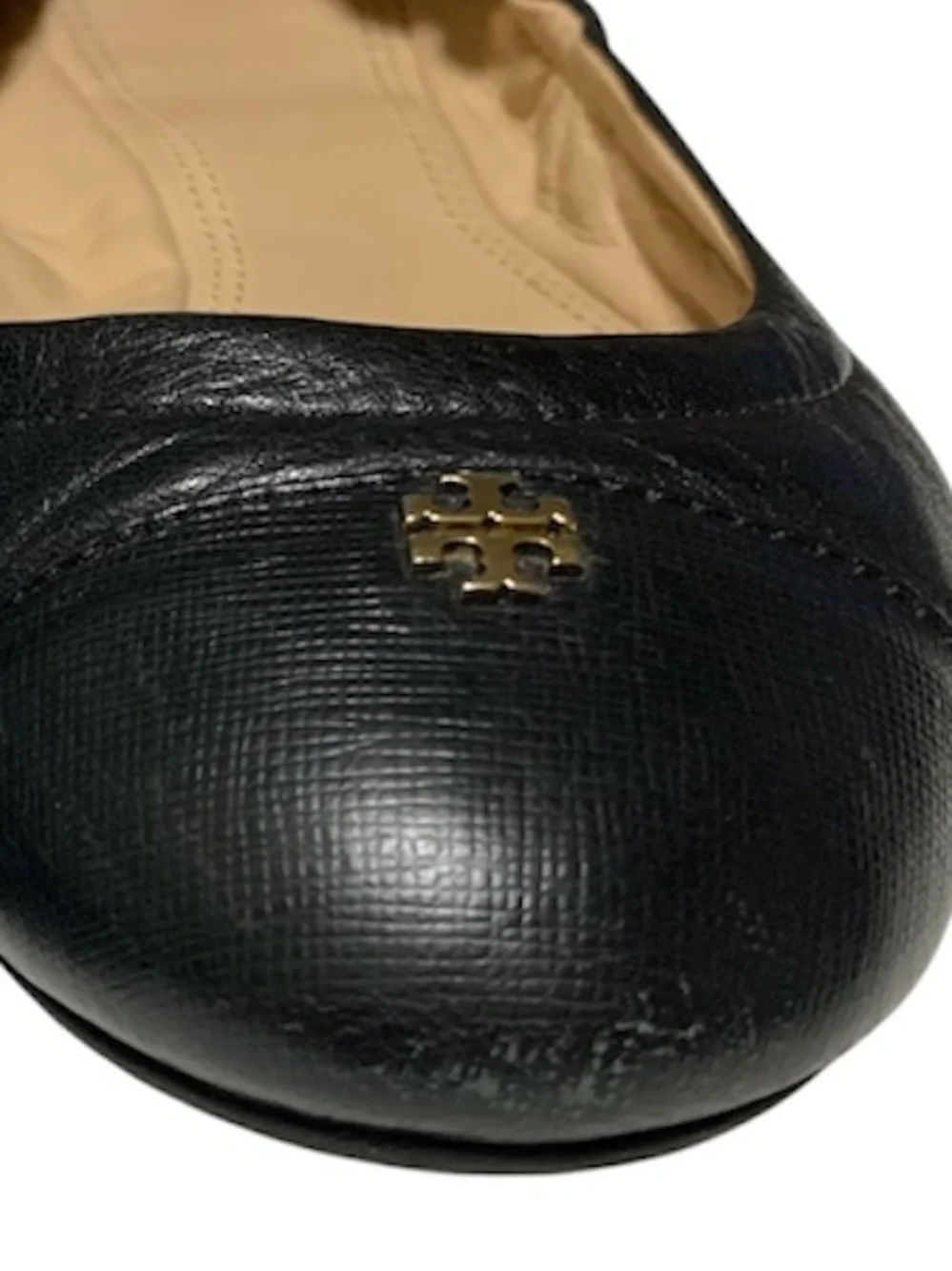 Tory Burch Black ‘York’ Leather Elastic-Back Ballet Flats with Gold Logo